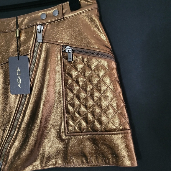 AS by DF NWT Leather  Bronze Mini Skirt 15" Zip Closure W/2 Snaps Size Small - Picture 4 of 10